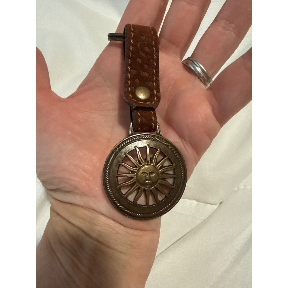 Vintage Sun Face Keychain Bronze Tone Celestial Leather Strap Boho Key Ring